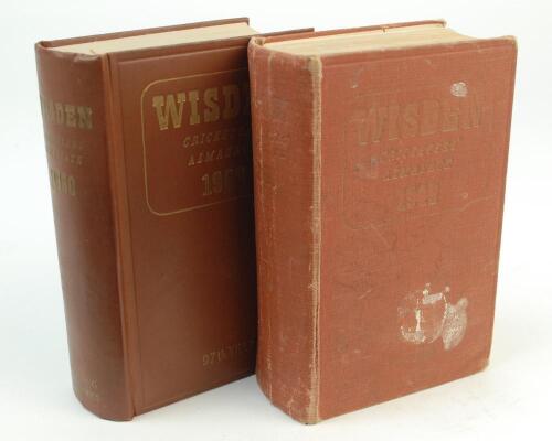 Wisden Cricketers’ Almanack 1949 and 1960. Original hardback editions. The 1949 edition in poor/fair condition, broken internal hinges, very poor boards with paint marks, ink stains etc, some staining to rear end paper and last page. The 1960 edition has