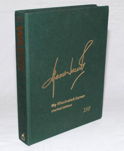 ‘Shane Warne. My Illustrated Career’. Shane Warne. London 2006. Leather hand bound limited edition number 701 of 1000 copies produced, signed by Warne to the limitation page. In green slipcase, including the six limited edition photographs of Warne reprod