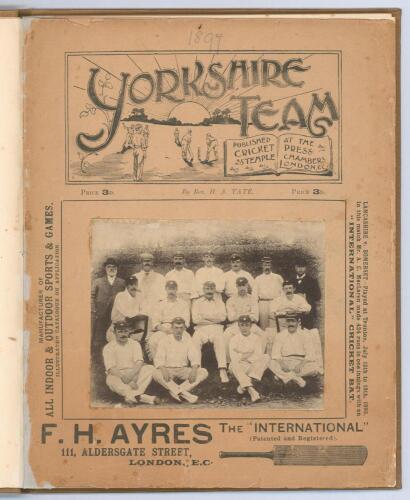 ‘Yorkshire Team, 1897’. Rev. H.A. Tate. Cricket Press, London 1897. Sixteen page magazine style book comprising a match by match description of Yorkshire’s season with first-class averages and pen portraits of fourteen members of the team. The front cover