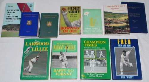 Yorkshire cricket biographies, histories and annuals. Four signed hardback biographies, each with good dustwrapper. &lsquo;Happy Go Johnny&rsquo;, Johnny Wardle 1957, signed by Wardle. &lsquo;From Larwood to Lillee&rsquo;, Trevor Bailey & Fred Trueman 1983, signed by Trueman. &lsquo;F