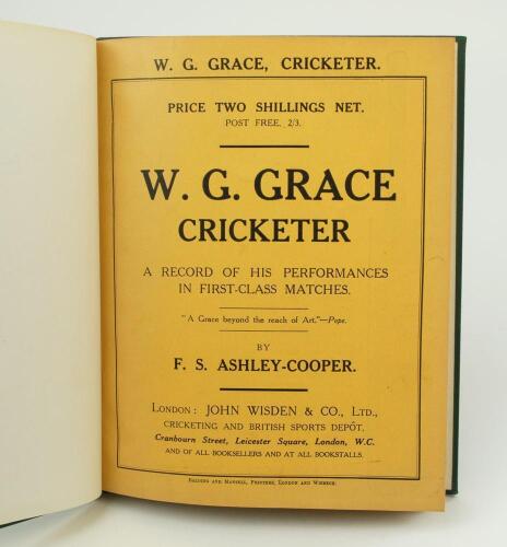 &lsquo;W.G. Grace. Cricketer. A record of his performances in first-class matches&rsquo;. F.S. Ashley-Cooper. London 1916. Bound in green boards, with original wrappers preserved, with titles in gilt to spine. The book in excellent condition throughout