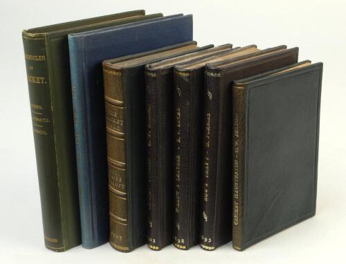 Early cricket books. Seven titles, five bound in full leather boards with gilt titles to spine. Titles are ‘Cricket Illustrated’. ‘Cowan’s Practical Picture Books’ number 3. By G.W. Beldam, Cowans & Gray 1908, ‘The Cricket Field’. J. Pycroft. London 1887,