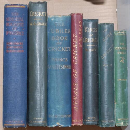 Cricket histories and biographies. Eight titles including ‘The Cricket Field’, Rev James Pycroft, London 1873. Sixth edition, revised. Original pictorial boards. Photographic plate of W.G. Grace opposite title page. Breaking to front internal hinge, some 