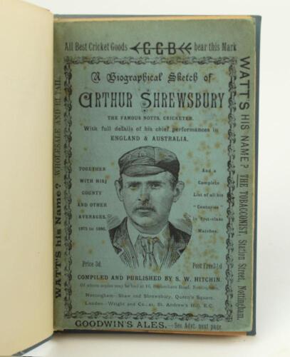 ‘A Biographical Sketch of Arthur Shrewsbury, the Famous Notts Cricketer. With full details of his chief performance in England & Australia’. Compiled and published by S.W. Hitchin, Nottingham 1890. This is an oddity as it appears two copies of the book ha