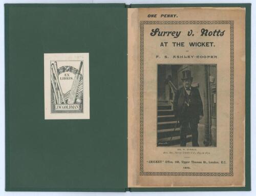 ‘Surrey v. Notts at the Wicket’. F.S. Ashley-Cooper. Published at the ‘Cricket’ Office, London, 1899. 16pp booklet with portraits and statistics, with original paper wrappers featuring a portrait of ‘Mr. W. Burrup, Hon. Sec. Surrey County C.C. 1855 to 187