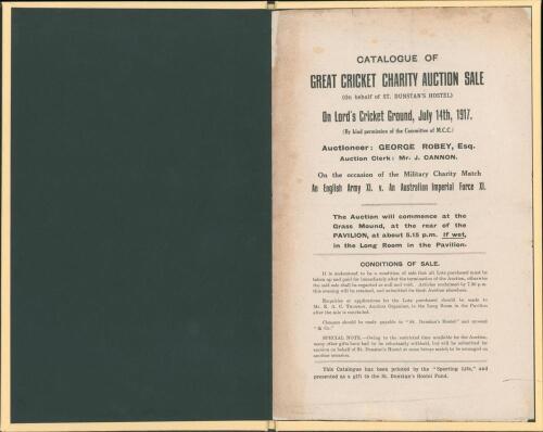 ‘Great Cricket Charity Auction Sale’. Original catalogue for the auction held at Lord’s on behalf of St. Dunstan’s Hostel on 14th July 1917, ‘On the occasion of the Military Charity Match, An English Army XI v An Australian Imperial Force XI’. The auction