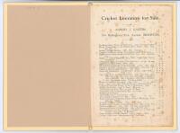 Alfred J. Gaston. ‘Cricket Literature for Sale’. Four page listing with prices of books, ‘Pictures, Engravings, Window Bills, &c.’ for sale by Gaston at 104 Hollingbury Park Avenue, Brighton. Undated but very likely 1924 as a run of Wisdens up to 1923 is 