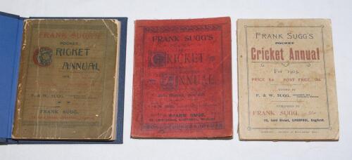 ‘Frank Sugg’s Pocket Cricket Annual 1898-1903. Three issues of the Annual for 1898, 1899 and 1903. Edited by Frank and Walter Sugg, Liverpool. Padwick 1115. The 1898 issue tipped in to modern blue cloth boards, original decorative card wrappers retained. 