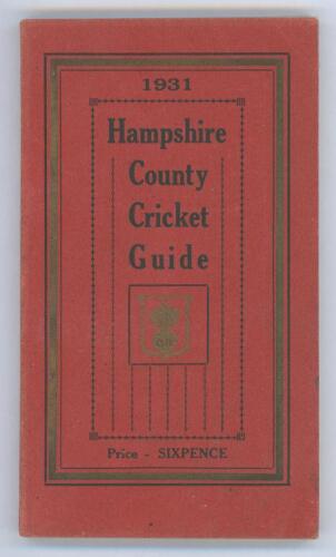 Hampshire C.C.C. County Cricket Guide 1931. Official County Guide edited and published by H. King, ‘Southern Newspapers Ltd.’. Original red decorative wrappers. Padwick 2029. Very good condition