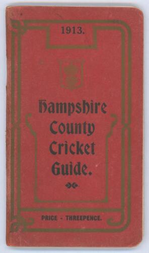 Hampshire C.C.C. County Cricket Guide 1913. Official County Guide edited and published by H. King, ‘Hants Advertiser Newspaper’. Original red decorative wrappers. Padwick 2029. Some wear to covers and spine, rusting to staples, otherwise in good/ very goo