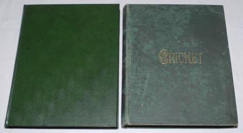 ‘Cricket: A Weekly Record of the Game’ 1885 & 1888. Two bound volumes. Volume IV. Numbers 80-109 (31st January to 24th December 1885). Bound in modern green leather, title in gilt to spine. Title page and contents page to front, lacking original wrappers.