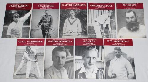 Association of Cricket Statisticians publications. Near complete run of ninety two ‘Famous Cricketers Series’ booklets comprising numbers 7-50, 54, 55, 57-100 with duplicate copies of nos. 26 & 29. Subjects include Washbrook, Armstrong, Tarrant, Ranjitsin