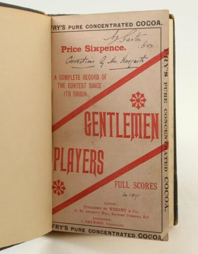 ‘Gentlemen v Players’, Percy Cross Standing, Wright & Co, London 1892. Bound in three quarter leather binding (worn) with original decorative card wrappers. This book was originally in the library of A.J. Gaston, cricket collector of Brighton and has his 