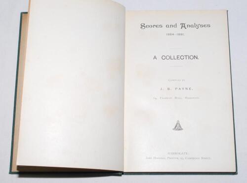 &lsquo;Scores and Analyses 1864-1881. A Collection&rsquo;. Compiled by J.B. Payne Published in 1904 by the author. Printed by John Hodgson, Harrogate. Contains the full scores of 60 matches not found in Wisden. Limited to only 100 copies. Rebound in later green cloth