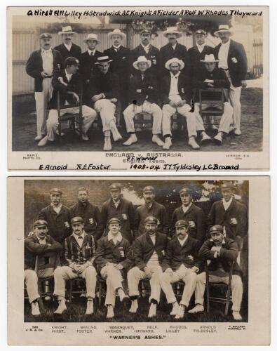 M.C.C. tour of Australia 1903-04. Two mono real photograph team postcards. One entitled ‘Warner’s Ashes’ by J. Beagles & Co and the other entitled ‘England v Australia. English Team’ by Rapid Photo. The Rapid postcard with handwritten annotation of player