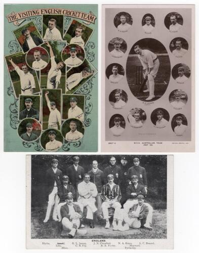 M.C.C. tour to Australia 1907/08. ‘The Visiting English Cricket Team’. Colour postcard featuring vignettes of fourteen members of the M.C.C. touring party. Players featured include Jones (captain), Hardstaff, Crawford, Fane, Rhodes, Braund, Blythe, Barnes