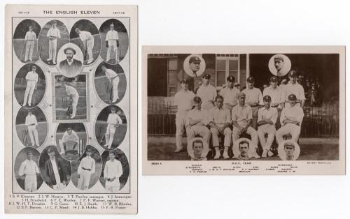 M.C.C. tour to Australia 1911/12. ‘The English Eleven’. Mono printed postcard featuring vignettes of fifteen members of the M.C.C. touring party. ‘The Empire Press, Melbourne’. Sold with a further real photograph postcard of the ‘M.C.C. team’ 1911/12 by R