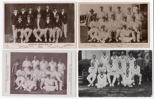 Australia tour of England 1921. Four postcards, two real photograph and two printed. Publishers are Beagles, Philip G. Hunt of London, Jaeger Advertising and Topical Press. Some wear to the corner of the Beagles card and wear to the Jaeger card otherwise 