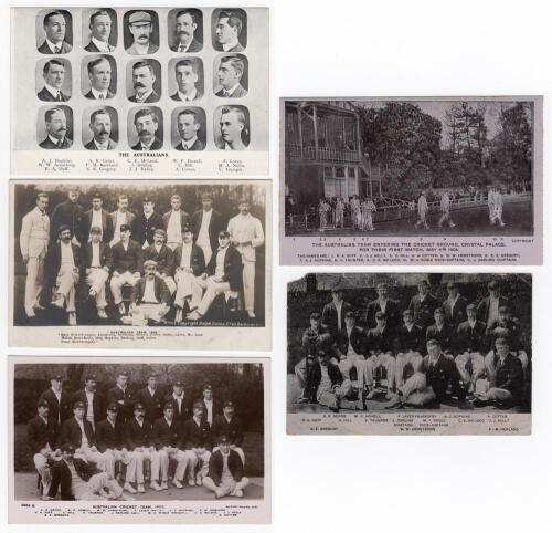 Australia tour to England 1905. Three rare mono and sepia postcards depicting the team, one printed and two real photograph, one ‘The Australians’ with cameo portraits of the players, publisher unknown, ‘Australian Team 1905’ by Ralph Dunn & Co and ‘Austr