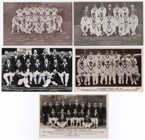 Australia tours of England 1926 to 1934. Five postcards, two real photograph and three printed. Publishers are Jaeger (2, 1926 and 1930), Beagles, Bolland (reprint) and Photo-Work Ltd. The Bolland card signed in later years by Don Bradman. Some wear to th