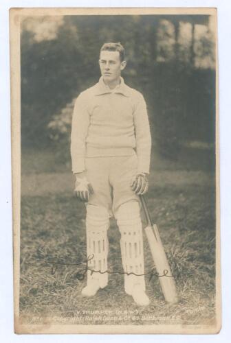 Victor Trumper. New South Wales & Australia 1894-1913. Mono real photograph postcard of Trumper, full length, in batting attire with bat held to side. Nicely signed in black ink by Trumper. Photo by Thiele. Ralph Dunn & Co. Postally dated 1905. Minor wear