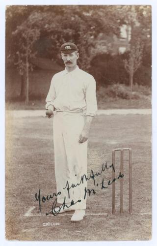 Charles Edward McLeod. Victoria & Australia 1893-1904. Excellent sepia real photograph postcard of Mcleod, standing full length, wearing Australian cap and holding a cricket ball at the wicket. Nicely signed &lsquo;Yours Faithfully&rsquo; in black ink by McLeod. The 