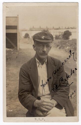 Hanson Carter. New South Wales & Australia 1897-1925. Sepia real photograph postcard of Carter wearing Australian cap and blazer. Nicely signed in ink to image by Carter ‘Yours Sincerely’ and dated ‘1921’. ‘N.S.W.’ printed to lower border of postcard. The