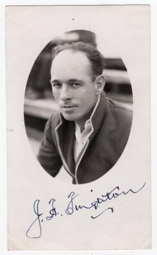 John Henry Webb ‘Jack’ Fingleton. New South Wales & Australia 1928-1940. Mono real photograph postcard of a Fingleton, head and shoulders in cameo, wearing Australian blazer. Nicely signed in black ink by Brown. ‘Autographed August 3rd 1938’ to verso. Ph