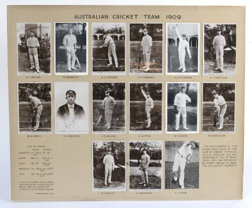 ‘The Australian Cricket Team 1909’. A full set of mono and sepia individual postcards of the fifteen members of the Australian cricket team who toured England in 1909. Eleven of the postcards are real photograph and were issued as ‘The Australian Cricket 