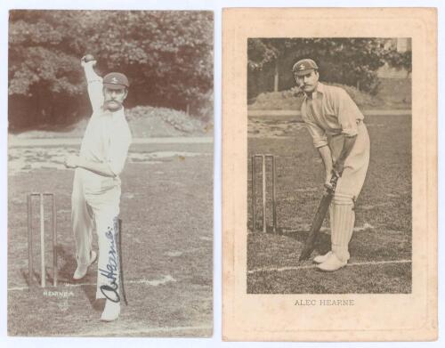 Alec Hearne. Kent & England 1884-1906. Early sepia real photograph postcard of Hearne, full length in bowling pose, wearing Kent cap. Signed in black ink to the photograph by Hearne. Slight smudging to signature. Blind embossed stamp to lower right corner