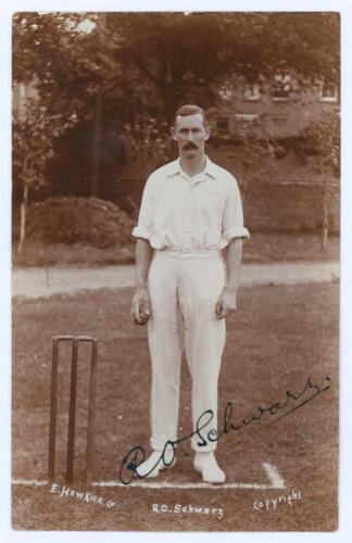 Reginald Oscar ‘Reggie’ Schwarz, Middlesex, Transvaal & South Africa, 1901-1914. Excellent sepia real photograph postcard of Schwarz, full length holding a cricket ball at the wicket. Beautifully signed in black ink by Schwarz. E. Hawkins & Co, Brighton. 