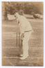 John Chapman. Derbyshire 1909-1920. Sepia real photograph postcard of Chapman standing full length at the crease in batting pose, wearing Derbyshire cap. E. Hawkins & Co., Brighton. Postally unused. Slight mount indentations to corners, otherwise in very 