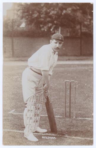 Ernest Needham. Derbyshire 1901-1912. Mono real photograph postcard of Needham standing full length at the crease in batting pose, wearing Derbyshire cap. Appears to be by Foster of Brighton. Postally unused. Slight mount indentations to corners, otherwis