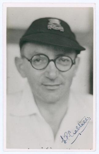 Harry Pollard Crabtree. Essex 1931-1947. Mono real photograph plain back postcard of Crabtree, head and shoulders, wearing Essex cap. Nicely signed in blue ink by Crabtree to the photograph. Official stamp to verso for A. Wilkes & Son, West Bromwich. Post