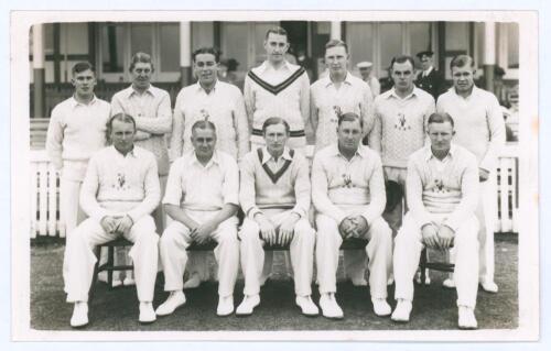 Glamorgan C.C.C. 1939. Mono real photograph plain back postcard of the Glamorgan team for 1939. The players seated and standing in rows wearing cricket attire. Official stamp to verso for Albert Wilkes & Son, West Bromwich, with date annotated in ink ‘Apr