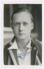 Edward Desmond Russell Eagar. Gloucestershire, Oxford University & Hampshire 1935-1957. Mono real photograph plain back postcard of Eagar, head and shoulders, wearing striped blazer. Nicely signed in blue ink by Eagar to the photograph. Official stamp to 