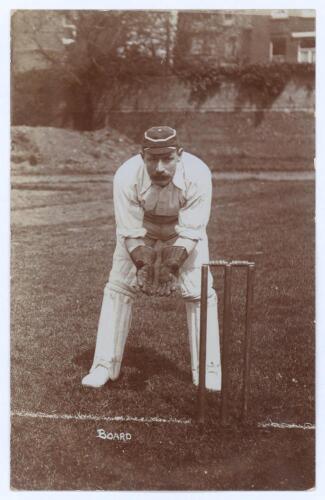 John Henry ‘Jack’ Board. Gloucestershire & England 1891-1915. Early sepia real photograph postcard of Board standing full length at the wicket in wicket-keeping pose. Foster of Brighton. Postally unused. Minor mount indentations to corners, otherwise an e