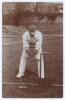 John Henry ‘Jack’ Board. Gloucestershire & England 1891-1915. Early sepia real photograph postcard of Board standing full length at the wicket in wicket-keeping pose. Foster of Brighton. Postally unused. Minor mount indentations to corners, otherwise an e