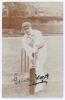 Gilbert Laird Jessop. Gloucestershire, Cambridge University & England 1894-1914. Early sepia real photograph postcard of Jessop standing full length at the wicket in batting pose. Signed in black ink to the photograph by Jessop, smudging to the signature.