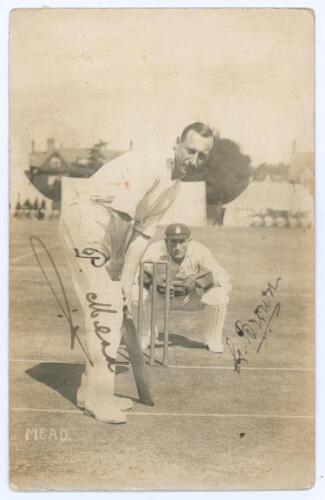 Charles Philip ‘Phil’ Mead (Hampshire & England 1905-1936) and George Brown (Hampshire & England 1908-1933). Early sepia real photograph postcard of Mead in batting pose with Brown crouched in wicket-keeping pose at the wicket. Nicely signed in black ink 