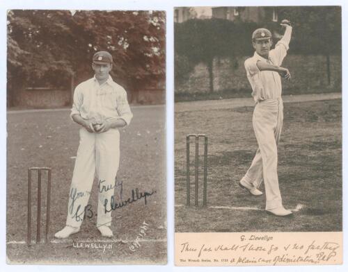 Charles Bennett ‘Buck’ Llewellyn. Natal, Hampshire & South Africa 1894-1912. Early mono real photograph postcard of Llewellyn standing full length at the crease holding a ball, wearing Hampshire cap. Nicely signed in black ink to the photograph by Llewell