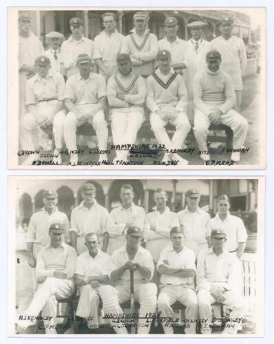 Hampshire C.C.C. 1922 & 1928. Two mono real photograph plain back postcards of the Hampshire teams of 1922 and 1928, both with players seated and standing in rows. Ex John Arlott collection with title and players’ names handwritten in black ink to lower m