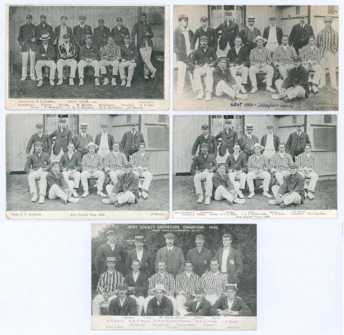 Kent C.C.C. 1905 & 1906. Five mono postcards of Kent teams of 1905 and 1906, each with players seated and standing in rows. One postcard of the 1906 team is a real photograph by B.C. Flemons of Tonbridge, with handwritten title in ink to front ‘Kent 1906-