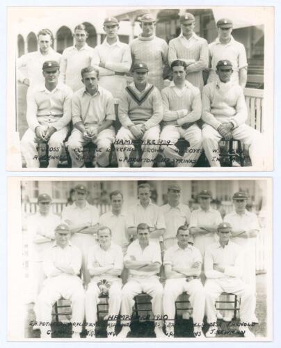 Hampshire C.C.C. 1929 & 1930. Two mono real photograph plain back postcards of the Hampshire teams of 1929 and 1930, both with players seated and standing in rows. Ex John Arlott collection with title and players’ names handwritten in black ink to lower m