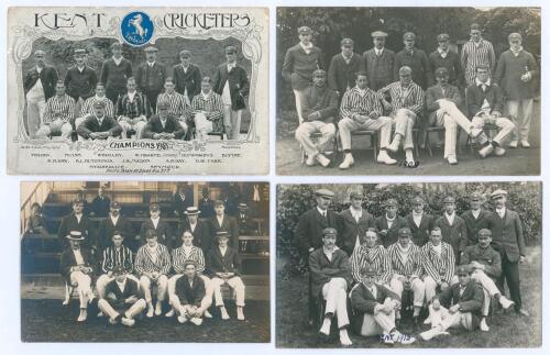 Kent C.C.C. 1909-1915. Four mono postcards (three are real photographs) of Kent teams, each with players seated and standing in rows. One is a printed photograph of the ‘Champions 1909’ team with title, players names and blue county emblem, by De’Ath & Du