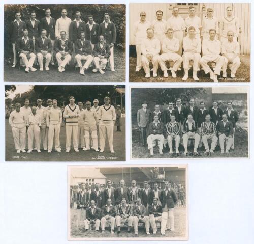 Kent C.C.C. 1929- c.1935. Five mono and sepia real photograph postcards of Kent teams, the majority with players seated and standing in rows. Teams are 1927 (publisher unknown), 1932 (B.C. Flemons of Tonbridge, two different), and two c.1935 by B. & W. Fi