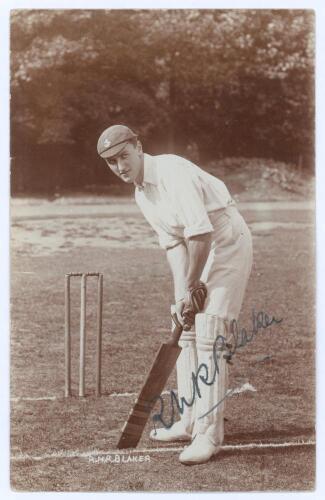 Richard Norman Rowsell ‘Dick’ Blaker. Kent & Cambridge University 1898-1908. Early sepia real photograph postcard of Blaker, full length in batting pose, wearing Kent cap. Nicely signed in black ink to the photograph by Blaker. Blind embossed stamp to low