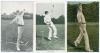 Colin Blythe. Kent & England 1899-1914. Rare mono printed postcard of Blythe, full length in bowling pose at the wicket. Nicely signed in black ink to the image by Blythe. Mockford of Tonbridge. Sold with two colour postcards of Blythe in different bowlin