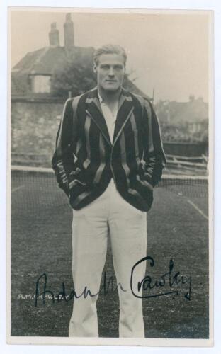 Aidan Merivale Crawley. Oxford University & Kent 1927-1947. Sepia real photograph postcard of Crawley, three quarter length wearing cricket attire and striped blazer. Nicely signed in black ink to the image by Crawley. The signature with a protective coat