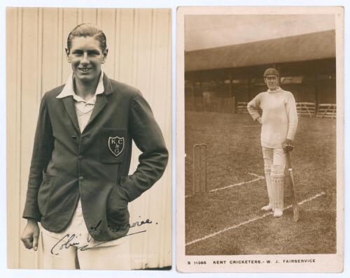 Colin Fairservice. Kent & Middlesex 1929-1936. Sepia real photograph postcard of Fairservice standing three quarter length wearing blazer with ‘K.C. & G.’ badge to pocket. Nicely signed in black ink to the photograph by Fairservice. The signature with a p